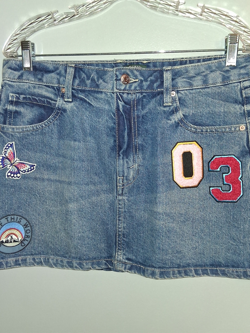 wild fable Denim Mini Skirt with Pink, Red & Yellow Patches